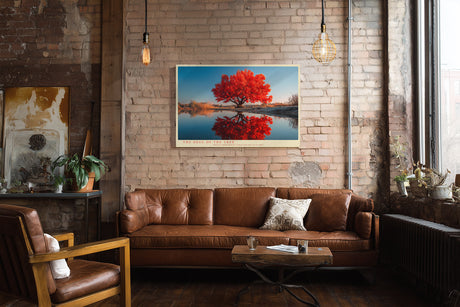 Paul Sinus Wandbild The Soul of the Tree – Leuchtend roter Baum am Wasser, Symbol für Leben, Beständigkeit und Naturkraft