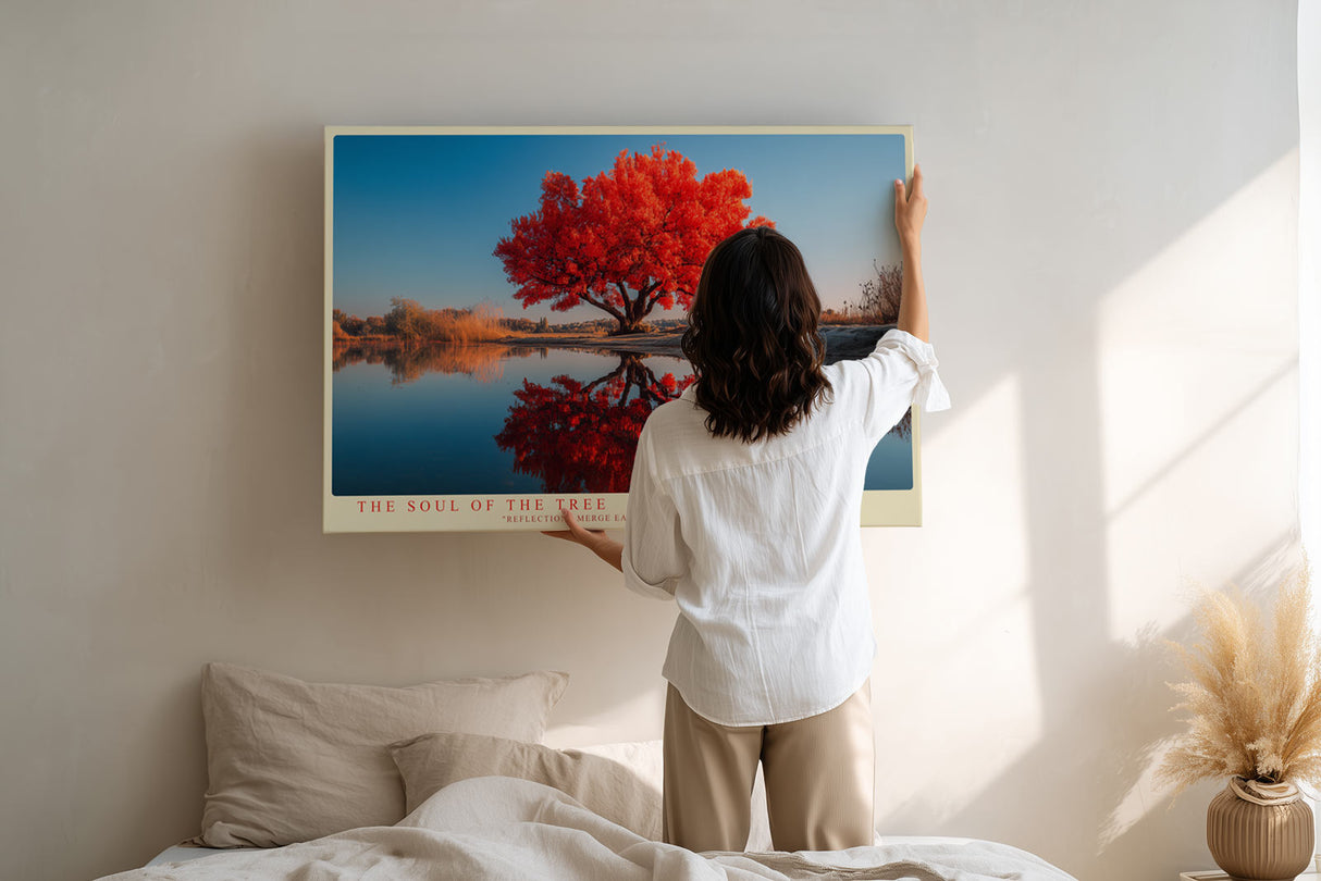 Paul Sinus Wandbild The Soul of the Tree – Leuchtend roter Baum am Wasser, Symbol für Leben, Beständigkeit und Naturkraft