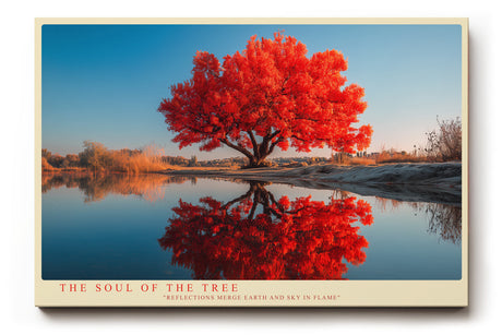 Paul Sinus Wandbild The Soul of the Tree – Leuchtend roter Baum am Wasser, Symbol für Leben, Beständigkeit und Naturkraft