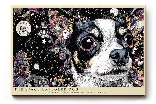 Paul Sinus Wandbild The Space Explorer Dog Verspieltes Kunstmotiv eines Hundes im Weltraum, umgeben von Sternen, Galaxien und farbintensiver Fantasie.
