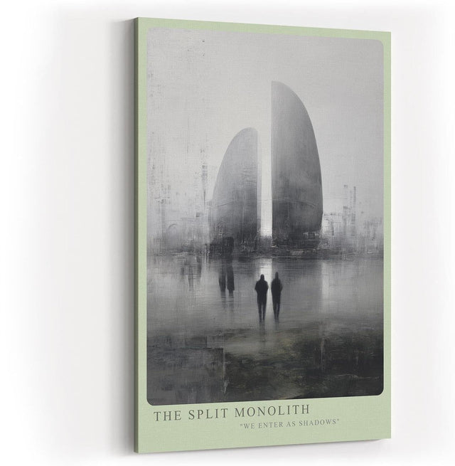 Paul Sinus Wandbild in 40x60cm The Split Monolith Zwei monumentale, geteilte Bauwerke in nebliger Stadtlandschaft mit Figuren im Vordergrund