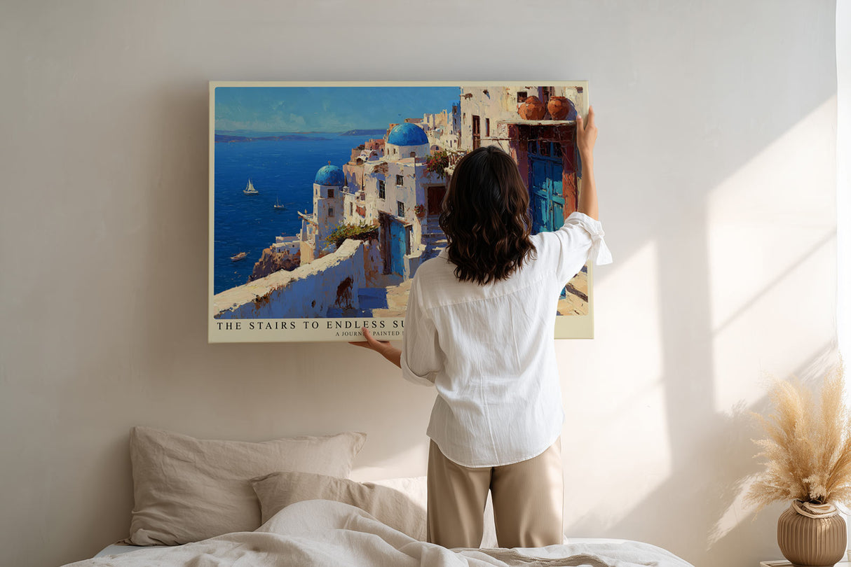 Paul Sinus Wandbild The Stairs to Endless Summer Greek Coastal Serenity in White and Blue