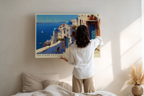 Paul Sinus Wandbild The Stairs to Endless Summer Greek Coastal Serenity in White and Blue