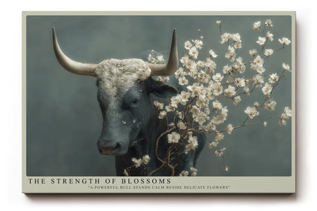 Paul Sinus Wandbild The Strength of Blossoms Eindrucksvolles Porträt eines Stiers, der von feinen Blütenzweigen umgeben ist – ein Spiel aus Kraft und Sanftheit.