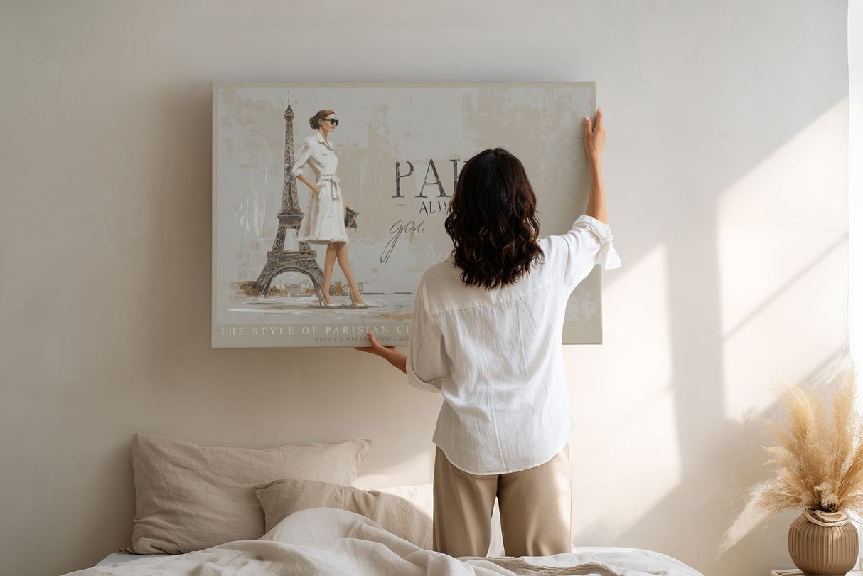 Paul Sinus Wandbild The Style of Parisian Chic – Modebewusste Frau vor dem Eiffelturm, Symbol für Eleganz, Stil und französische Lebensart