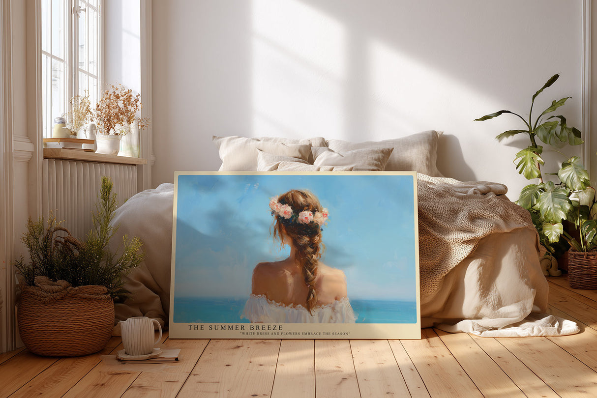 Paul Sinus Wandbild The Summer Breeze – Frau mit Blumenkranz und weißem Kleid am Meer symbolisiert Leichtigkeit, Freiheit und sommerliche Eleganz