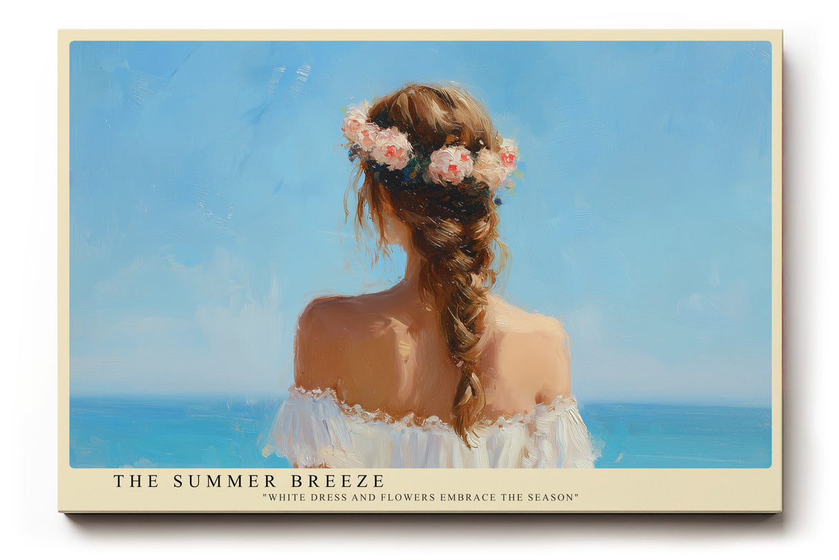 Paul Sinus Wandbild The Summer Breeze – Frau mit Blumenkranz und weißem Kleid am Meer symbolisiert Leichtigkeit, Freiheit und sommerliche Eleganz