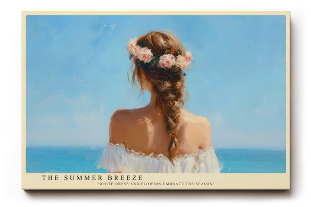 Paul Sinus Wandbild The Summer Breeze – Frau mit Blumenkranz und weißem Kleid am Meer symbolisiert Leichtigkeit, Freiheit und sommerliche Eleganz