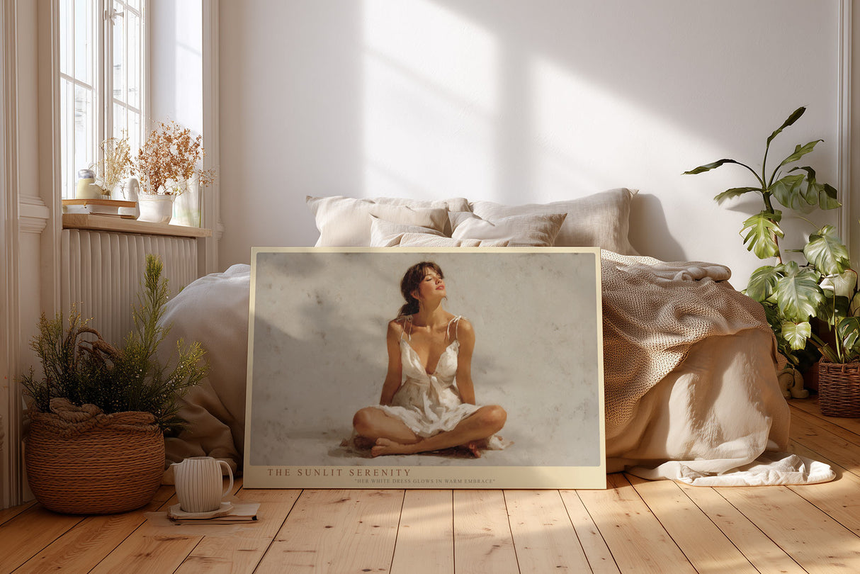 Paul Sinus Wandbild The Sunlit Serenity – Frau im weißen Kleid im warmen Sonnenlicht symbolisiert Ruhe, Weiblichkeit und Leichtigkeit des Seins