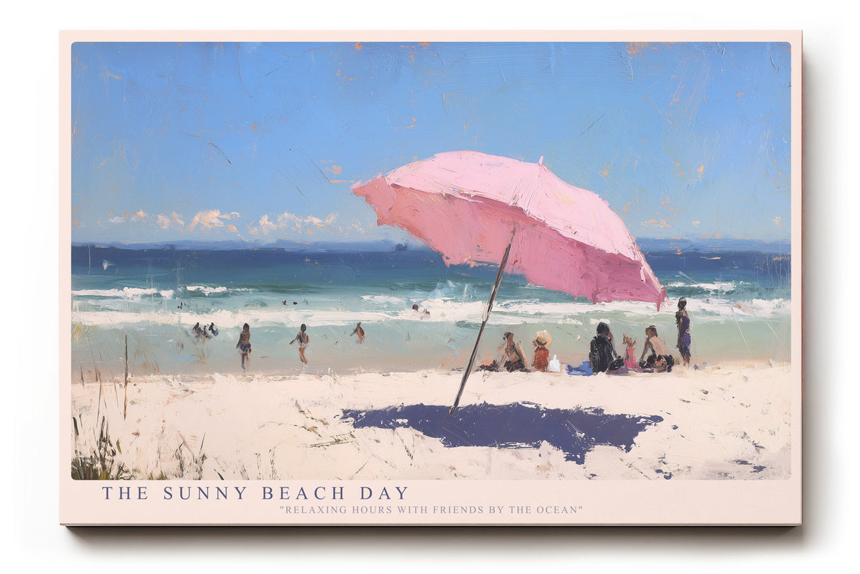 Paul Sinus Wandbild The Sunny Beach Day Impressionistisches Strandmotiv mit rosa Sonnenschirm, blauen Wellen und entspannter Urlaubsstimmung.