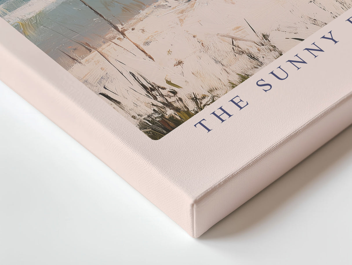 Paul Sinus Wandbild The Sunny Beach Day Impressionistisches Strandmotiv mit rosa Sonnenschirm, blauen Wellen und entspannter Urlaubsstimmung.
