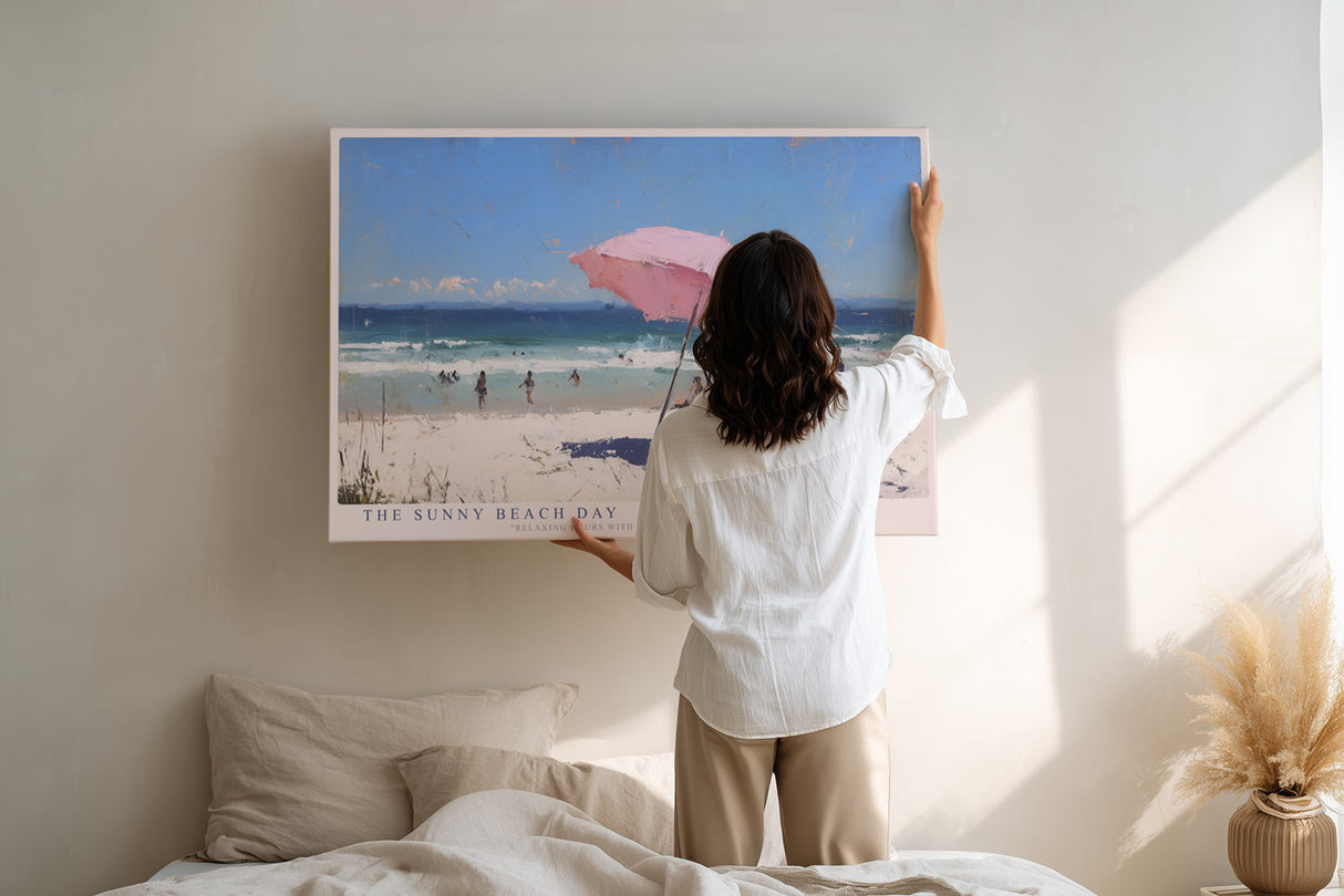 Paul Sinus Wandbild The Sunny Beach Day Impressionistisches Strandmotiv mit rosa Sonnenschirm, blauen Wellen und entspannter Urlaubsstimmung.