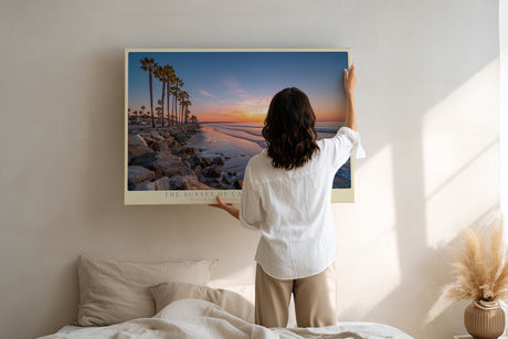Paul Sinus Wandbild The Sunset of California Shores stimmungsvolles Küstenmotiv mit Palmen und Sonnenuntergang am Meer