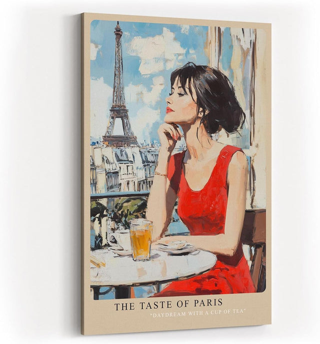 Paul Sinus Wandbild in 40x60cm The Taste of Paris Bilder einer Frau im roten Kleid auf einer Pariser Terrasse mit Blick auf den Eiffelturm