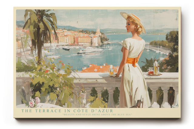 Paul Sinus Wandbild The Terrace in Côte d’Azur elegantes Sommermotiv mit Frau auf Terrasse und Blick auf das Meer