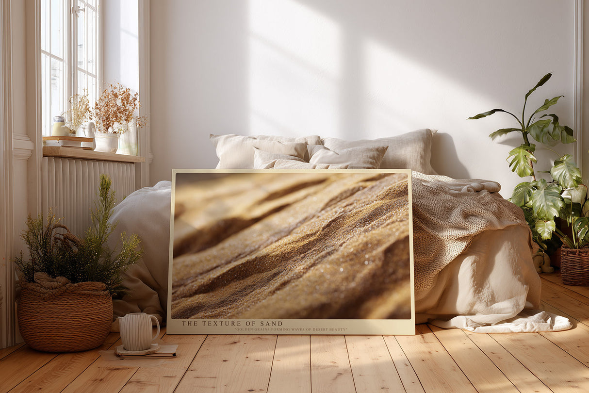 Paul Sinus Wandbild The Texture of Sand Nahaufnahme goldener Sandkörner in wellenförmigen Strukturen – ein Spiel aus Licht, Tiefe und Natur.