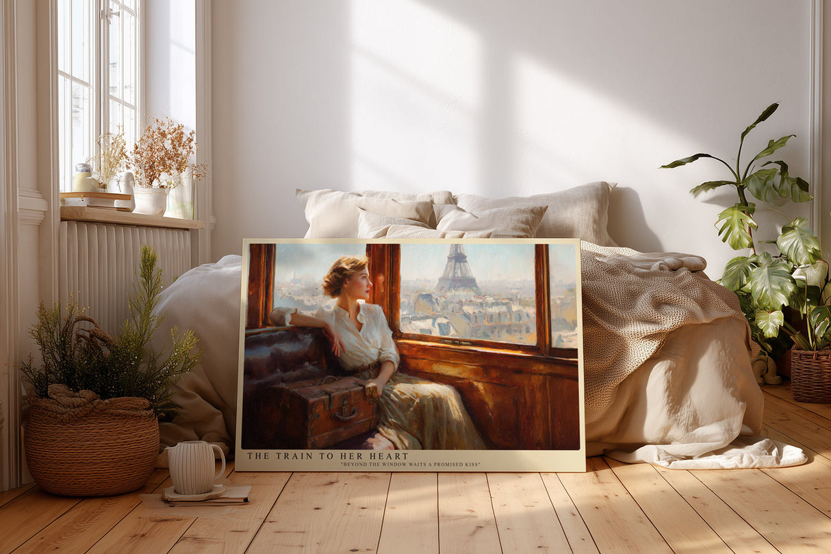 Paul Sinus Wandbild The Train to Her Heart – Frau im Zug mit Blick auf Paris symbolisiert Sehnsucht, Liebe und nostalgische Eleganz