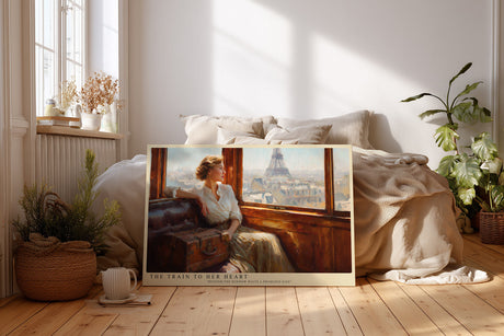 Paul Sinus Wandbild The Train to Her Heart – Frau im Zug mit Blick auf Paris symbolisiert Sehnsucht, Liebe und nostalgische Eleganz