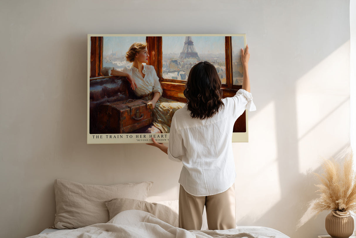 Paul Sinus Wandbild The Train to Her Heart – Frau im Zug mit Blick auf Paris symbolisiert Sehnsucht, Liebe und nostalgische Eleganz