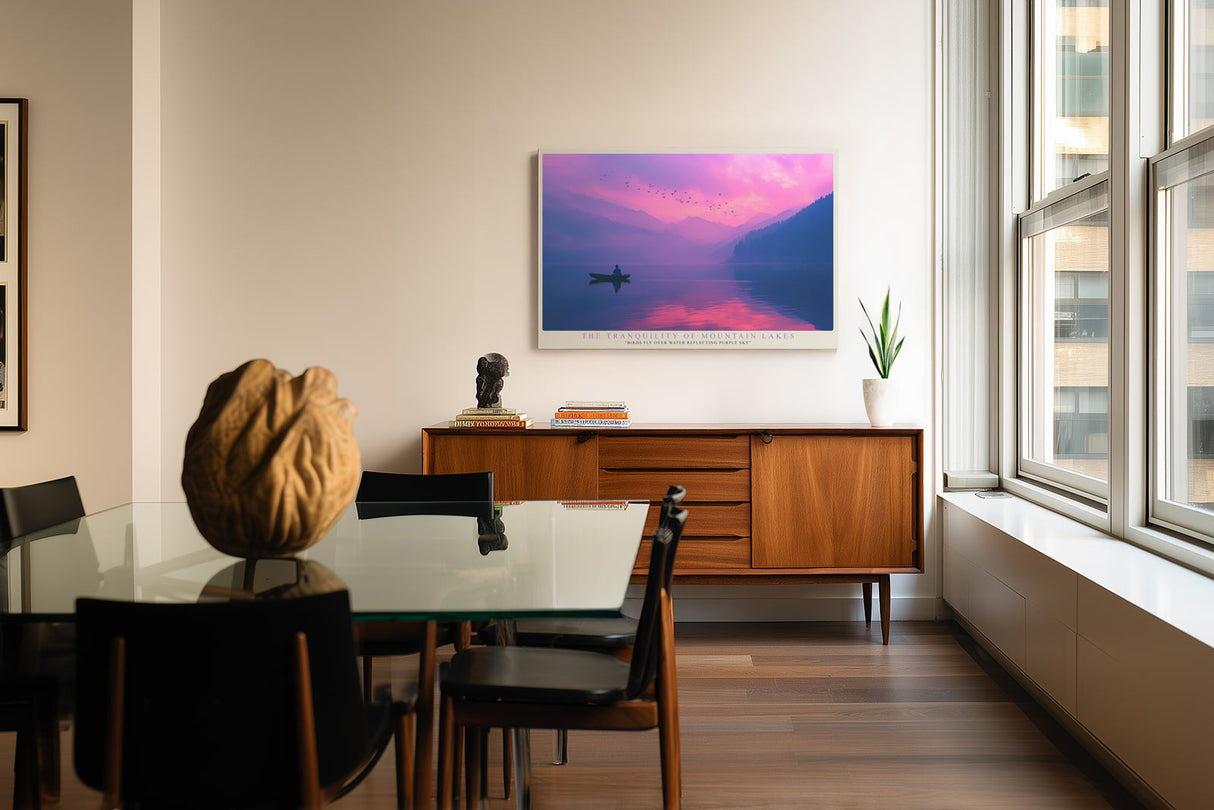 Paul Sinus Wandbild The Tranquility of Mountain Lakes – Mystische Berglandschaft mit Boot im Abendlicht, Symbol für Ruhe, Harmonie und Naturverbundenheit