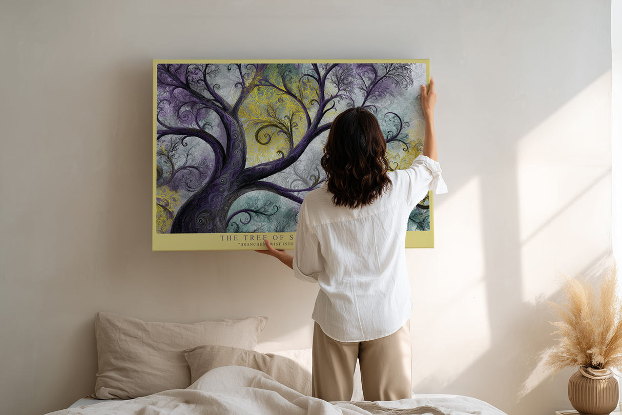 Paul Sinus Wandbild The Tree of Spiral Dreams fantasievolles Naturmotiv mit spiralförmigen Ästen in violett-goldenen Tönen