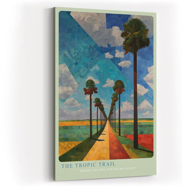 Paul Sinus Wandbild in 40x60cm The Tropic Trail mit farbintensiver Palmenallee und geometrischem Himmel für lebendige Raumgestaltung