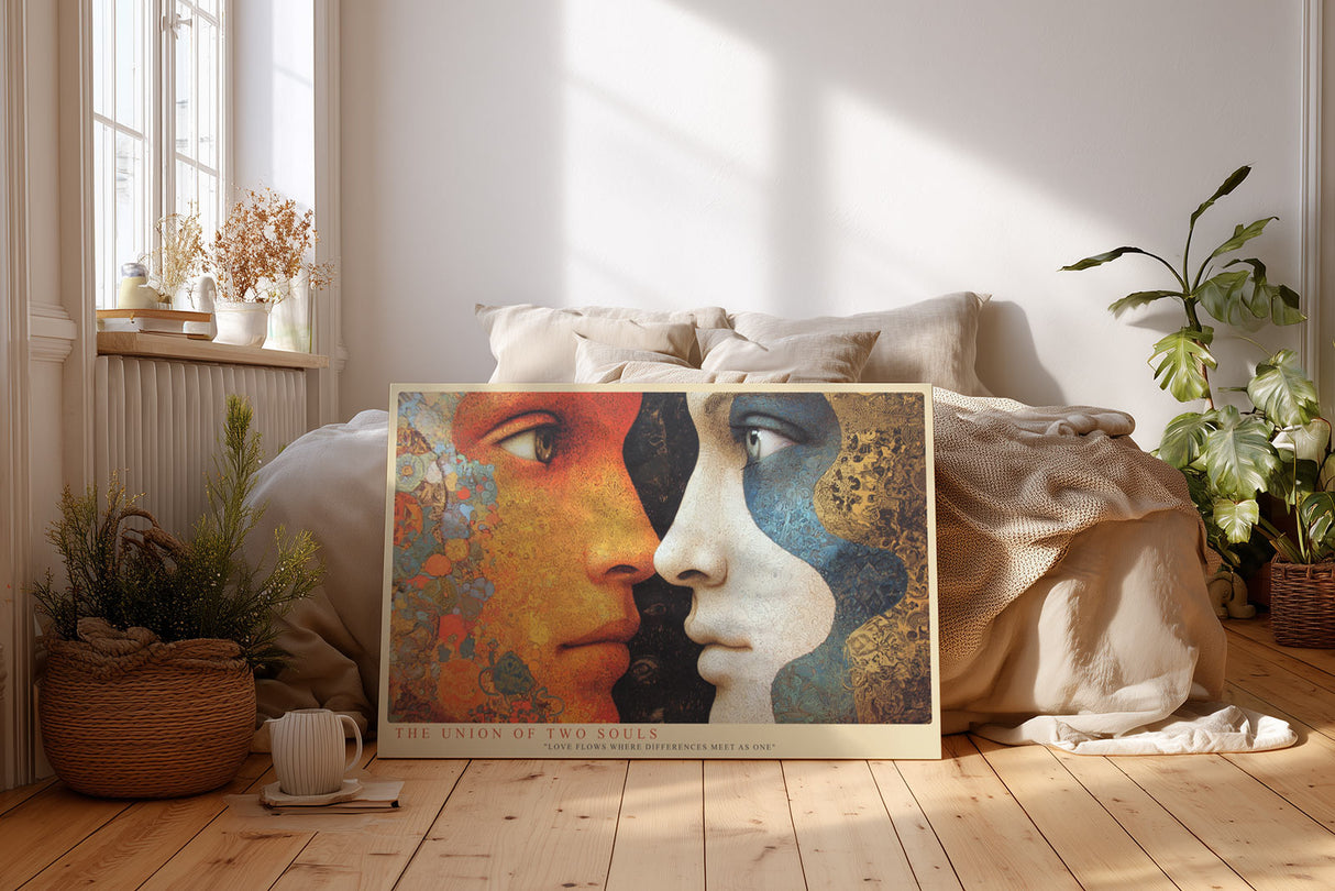 Paul Sinus Wandbild The Union of Two Souls ausdrucksstarkes Porträtmotiv zweier Gesichter in warmen und kühlen Farbtönen