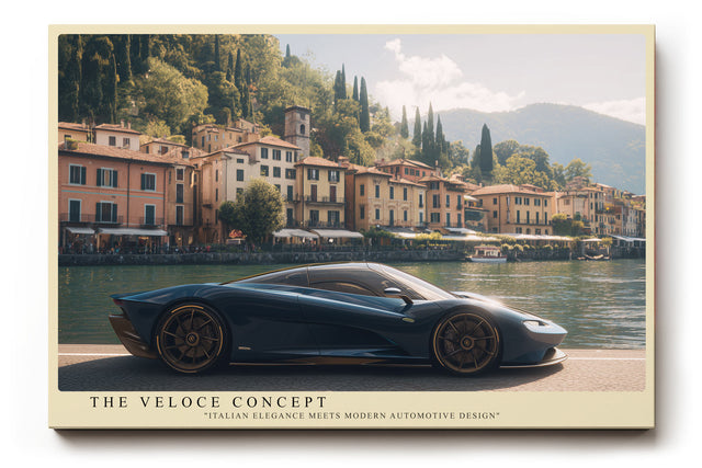 Paul Sinus Wandbild The Veloce Concept Futuristisches Automotiv eines italienischen Sportwagens an einem malerischen Seeufer mit klassischer Architektur.