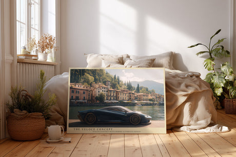 Paul Sinus Wandbild The Veloce Concept Futuristisches Automotiv eines italienischen Sportwagens an einem malerischen Seeufer mit klassischer Architektur.
