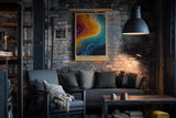 Paul Sinus Wandbild in 40x60cm The Vibrant Current – Abstrakte Farbströme in leuchtendem Blau, Orange und Gelb, inspiriert von kosmischen Bewegungen und kreativer Energie