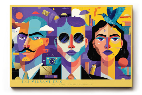 Paul Sinus Wandbild The Vibrant Trio farbenfrohes Porträtmotiv mit geometrischem Stil und drei Gesichtern für moderne Räume voller Energie und Ausdruckskraft
