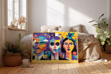 Paul Sinus Wandbild The Vibrant Trio farbenfrohes Porträtmotiv mit geometrischem Stil und drei Gesichtern für moderne Räume voller Energie und Ausdruckskraft