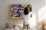 Paul Sinus Wandbild The Vibrant Trio farbenfrohes Porträtmotiv mit geometrischem Stil und drei Gesichtern für moderne Räume voller Energie und Ausdruckskraft