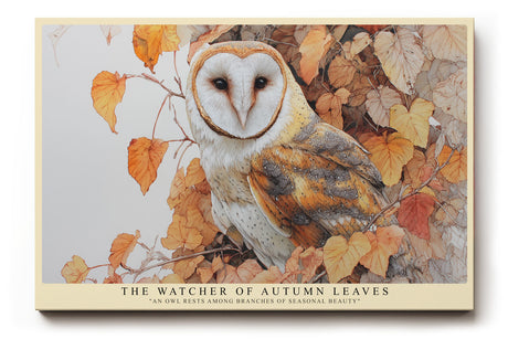 Paul Sinus Wandbild The Watcher of Autumn Leaves – Realistische Darstellung einer Eule zwischen herbstlichen Blättern, naturverbundenes Tiermotiv in warmen Farben