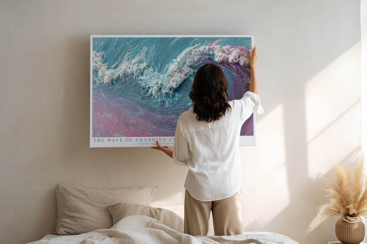 Paul Sinus Wandbild The Wave of Changing Colors – Abstrakte Meereswelle in Türkis und Rosa, fließendes Farbmotiv mit moderner Textur und Bewegung