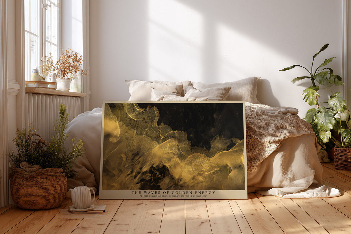 Paul Sinus Wandbild The Waves of Golden Energy abstraktes Kunstmotiv mit goldenen Lichtwellen auf dunklem Grund