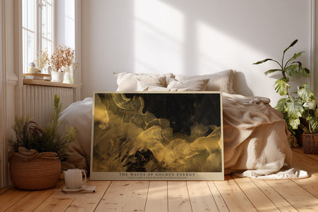 Paul Sinus Wandbild The Waves of Golden Energy abstraktes Kunstmotiv mit goldenen Lichtwellen auf dunklem Grund
