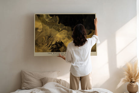 Paul Sinus Wandbild The Waves of Golden Energy abstraktes Kunstmotiv mit goldenen Lichtwellen auf dunklem Grund