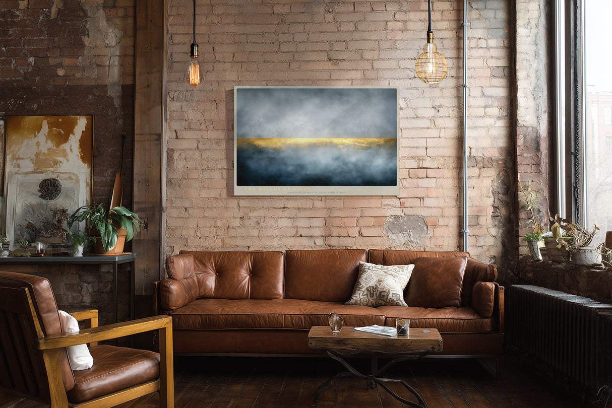 Paul Sinus Wandbild The Weight of Light Abstract Horizon with Golden Balance in Mist and Shadow