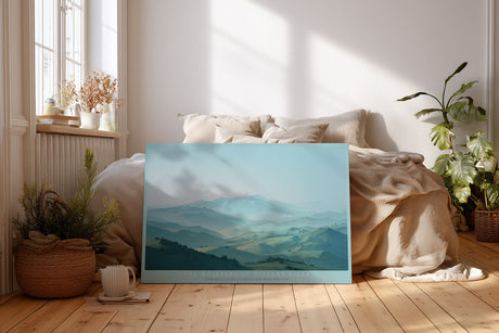 Paul Sinus Wandbild The Whispers of Distant Hills – Sanfte Hügel in Blau- und Grüntönen in endloser Weite