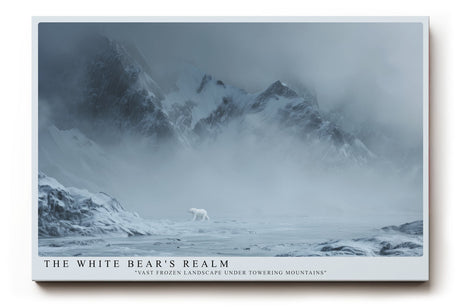 Paul Sinus Wandbild The White Bears Realm Eindrucksvolle Winterlandschaft mit Eisbär vor majestätischen Bergen und nebelverhangenem Horizont.