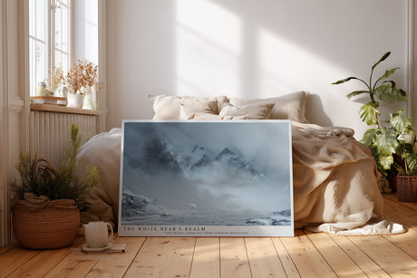 Paul Sinus Wandbild The White Bears Realm Eindrucksvolle Winterlandschaft mit Eisbär vor majestätischen Bergen und nebelverhangenem Horizont.