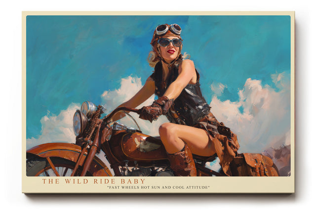 Paul Sinus Wandbild The Wild Ride Baby Dynamisches Retro-Motiv einer Motorradfahrerin unter blauem Himmel – Symbol für Freiheit und Abenteuerlust.