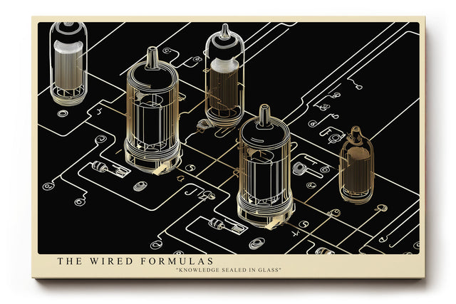 Paul Sinus Wandbild The Wired Formulas technisches Kunstwerk mit Röhren, Leiterbahnen und goldenen Linien im industriellen Stil für moderne Räume mit Tiefgang