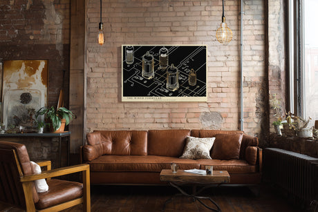 Paul Sinus Wandbild The Wired Formulas technisches Kunstwerk mit Röhren, Leiterbahnen und goldenen Linien im industriellen Stil für moderne Räume mit Tiefgang