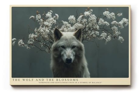 Paul Sinus Wandbild The Wolf and the Blossoms Eindrucksvolles Tierporträt eines Wolfes, umgeben von zarten Blütenzweigen – Symbol für Stärke und Sanftmut.