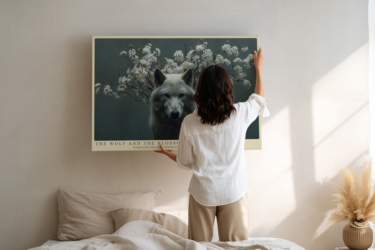 Paul Sinus Wandbild The Wolf and the Blossoms Eindrucksvolles Tierporträt eines Wolfes, umgeben von zarten Blütenzweigen – Symbol für Stärke und Sanftmut.