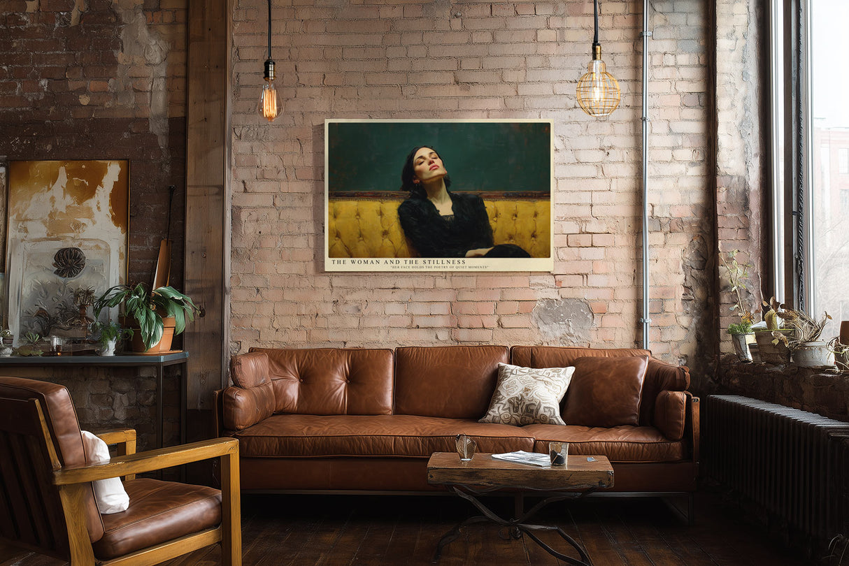 Paul Sinus Wandbild The Woman and the Stillness – Frau auf gelbem Sofa symbolisiert Ruhe, Eleganz und die Schönheit der Stille