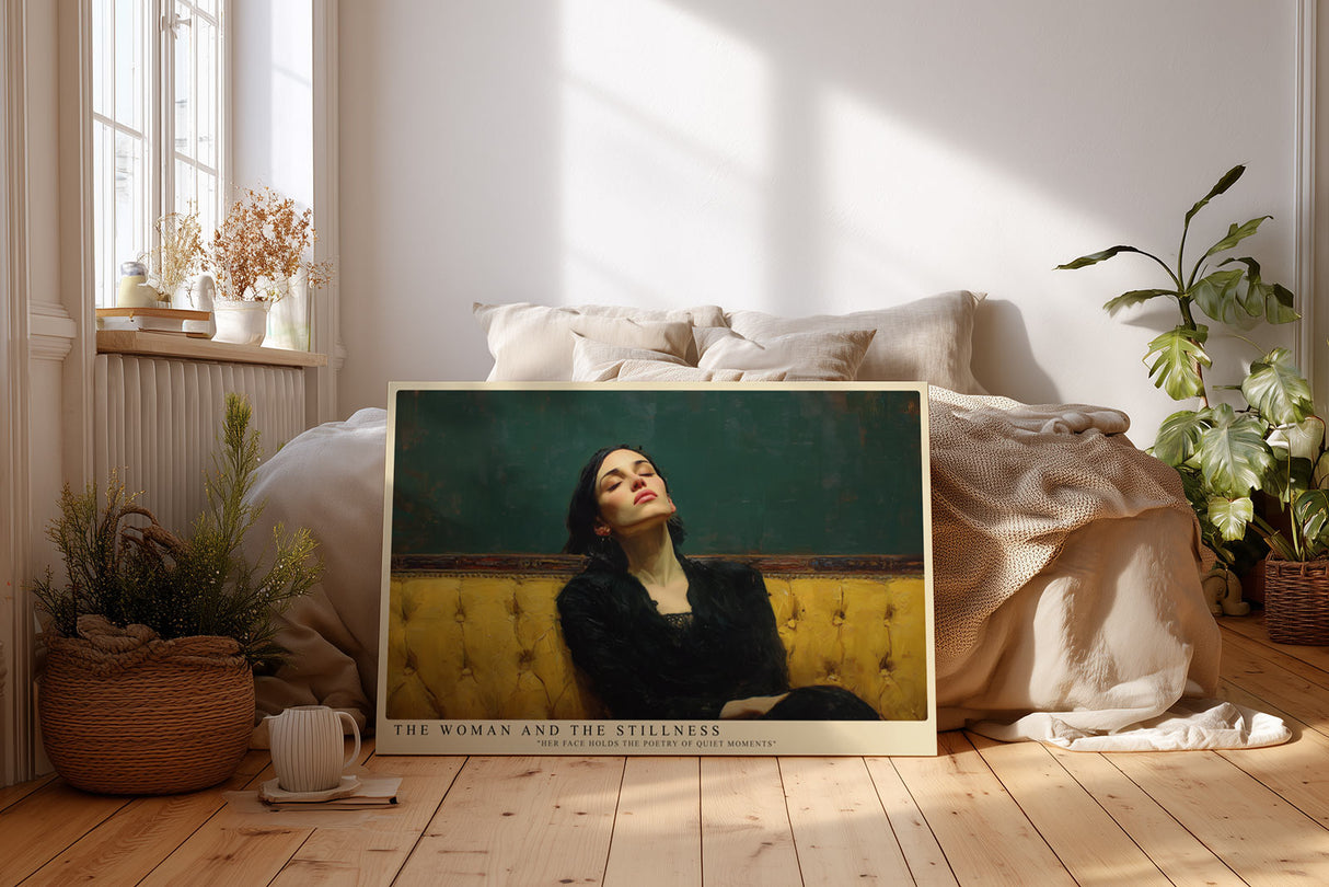 Paul Sinus Wandbild The Woman and the Stillness – Frau auf gelbem Sofa symbolisiert Ruhe, Eleganz und die Schönheit der Stille