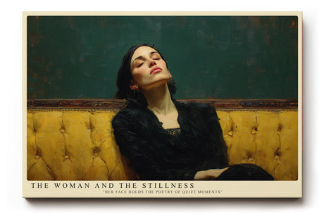 Paul Sinus Wandbild The Woman and the Stillness – Frau auf gelbem Sofa symbolisiert Ruhe, Eleganz und die Schönheit der Stille